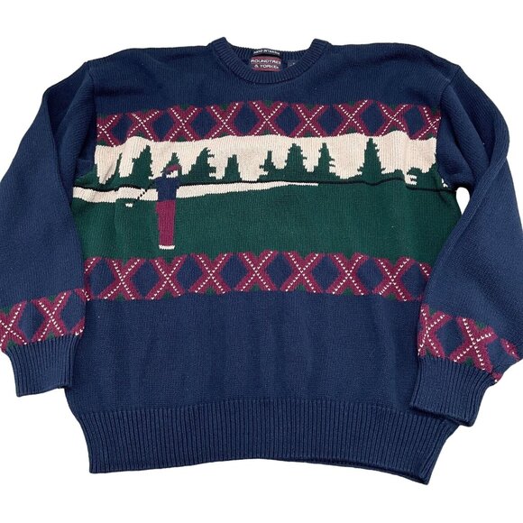 Roundtree & Yorke Sweater Men 2XLarge Blue Red Argyle Golfer Hand Intarsia VTG - Picture 1 of 9